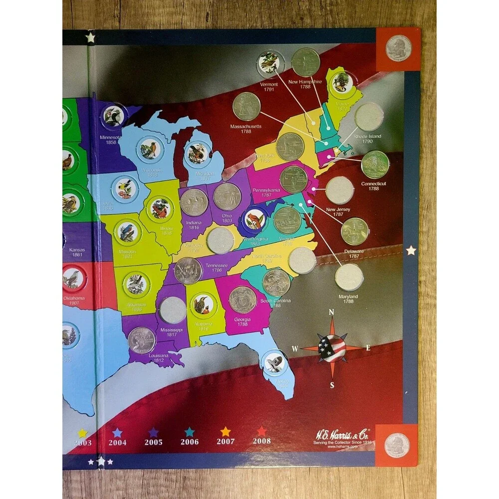 H.E. Harris & Co. State Series Quarters Collectors Map + Partial Set (13 of 50)